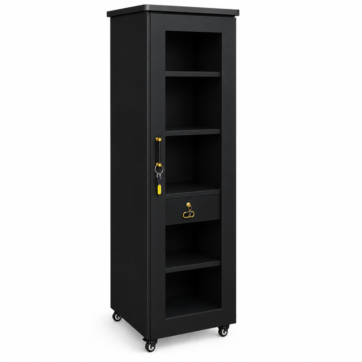 Movable Wheels Single Door  Storage Cupboard Divider Almirah With Drawer & Removable Adjustable Shelves