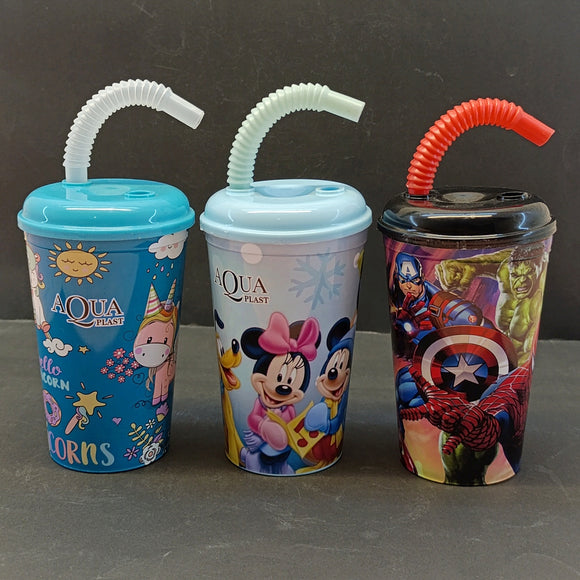 Kids Round Shape 300ml Juice & Drinking Plastic Glass With Cover & Straw( Multiple Colours Will be Sent)
