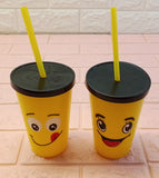 Emoji 400ml Juice & Drinking Plastic Glass With Cover & Straw ( Random Emojis Will Be Sent)