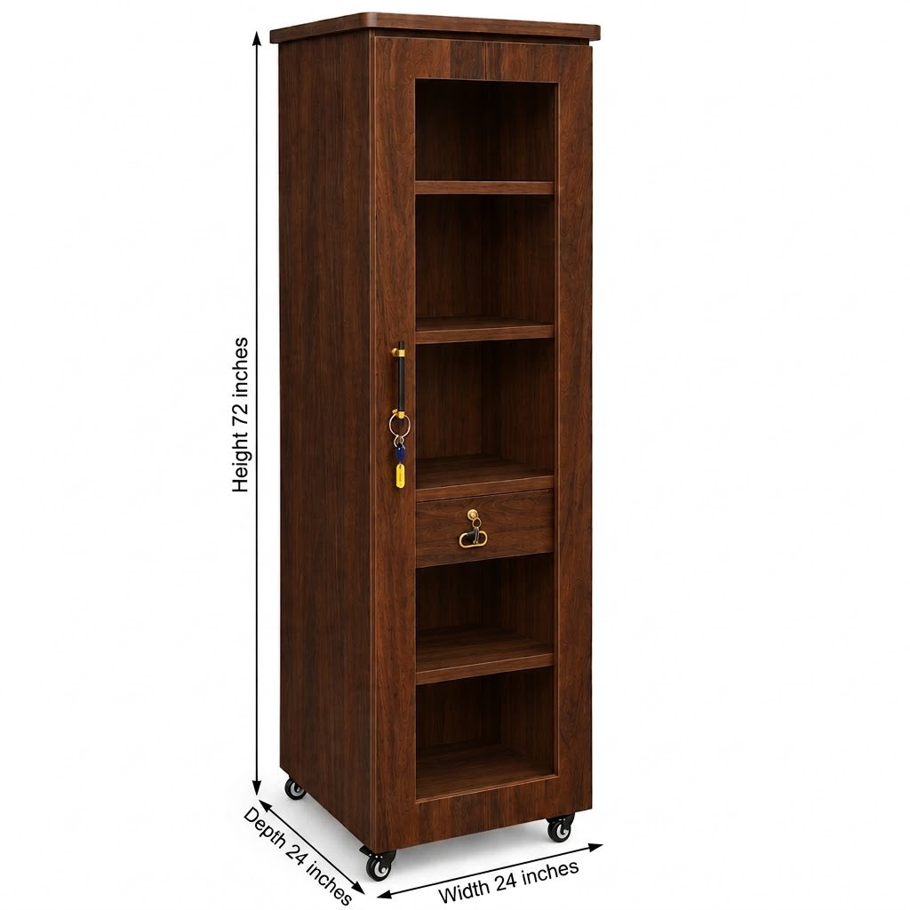Movable Wheels Single Door  Storage Cupboard Divider Almirah With Drawer & Removable Adjustable Shelves
