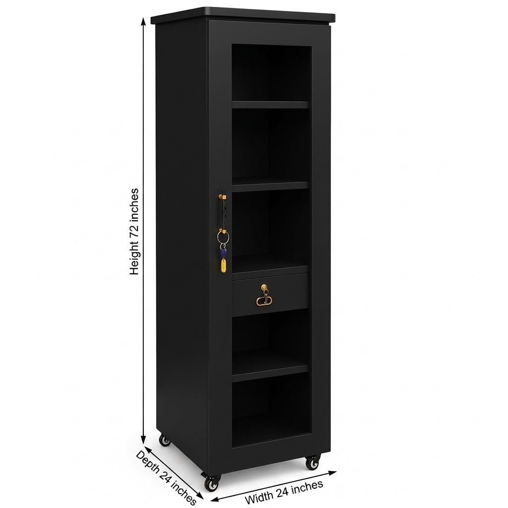 Movable Wheels Single Door  Storage Cupboard Divider Almirah With Drawer & Removable Adjustable Shelves