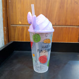 Kids'Cone Shape 300ml Juice & Drinking Plastic Glass With Cover & Straw