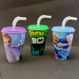 Character 300ml Juice & Drinking Plastic Glass With Cover & Straw ( Random Colors & Design Will Be Sent )