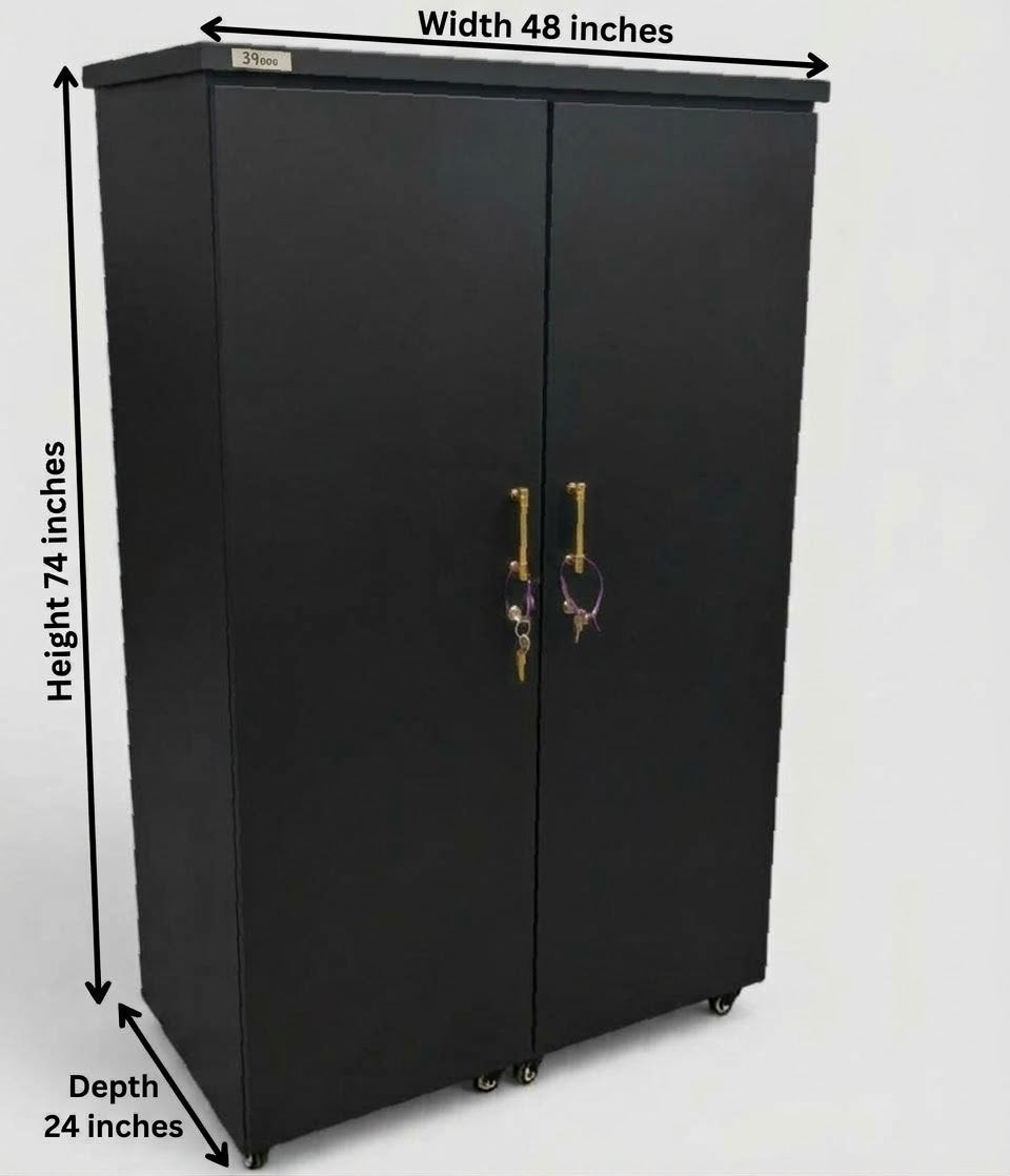 Movable Wheels Storage Double Door Cupboard Almirah Shelves Hanging Rod & One Drawer
