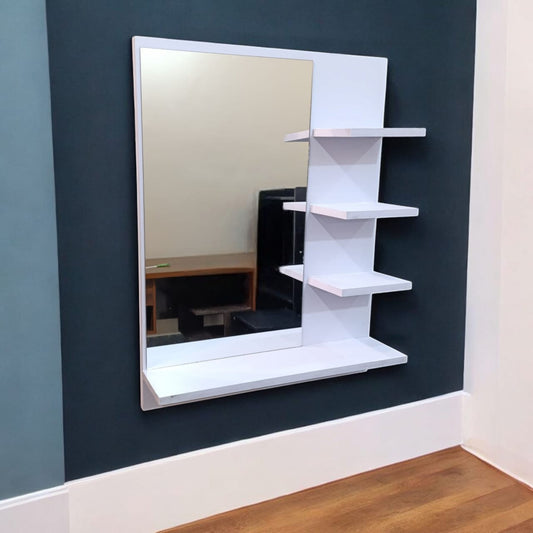 Wall Mount Home Decor Laminated Wooden Mirror With Side Shelves (White Color)