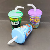 Character 300ml Juice & Drinking Plastic Glass With Cover & Straw ( Random Colors & Design Will Be Sent )