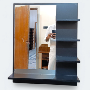 Wall Mount Home Decor Laminated Wooden Mirror With Side Shelves (Black Color)
