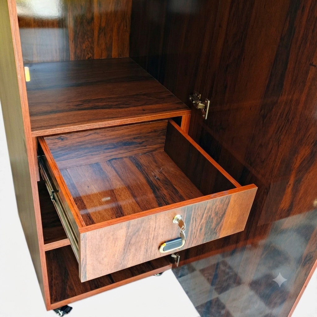 Movable Wheels Storage Cupboard Almirah With Removable Adjustable Shelves & Hanging Rod.