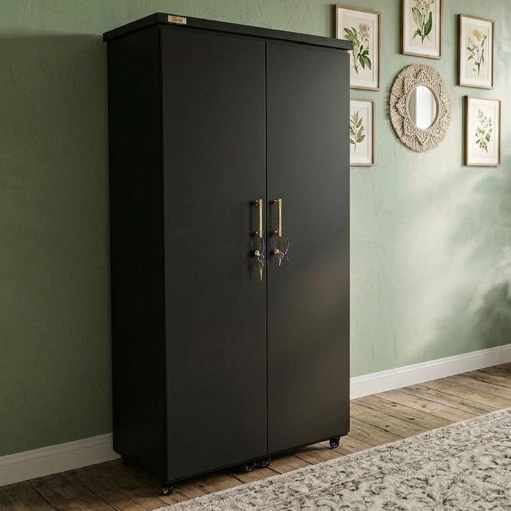 Movable Wheels Storage Double Door Cupboard Almirah Shelves Hanging Rod & One Drawer