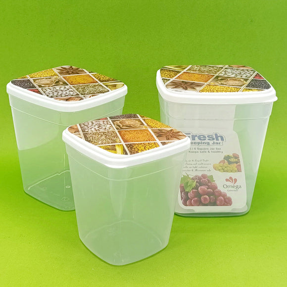 Omega Fresh Pack Of 3pcs Large & Small Size Plastic Heavy-Duty Food Jar Set ( Transparent with Colourful Lid )