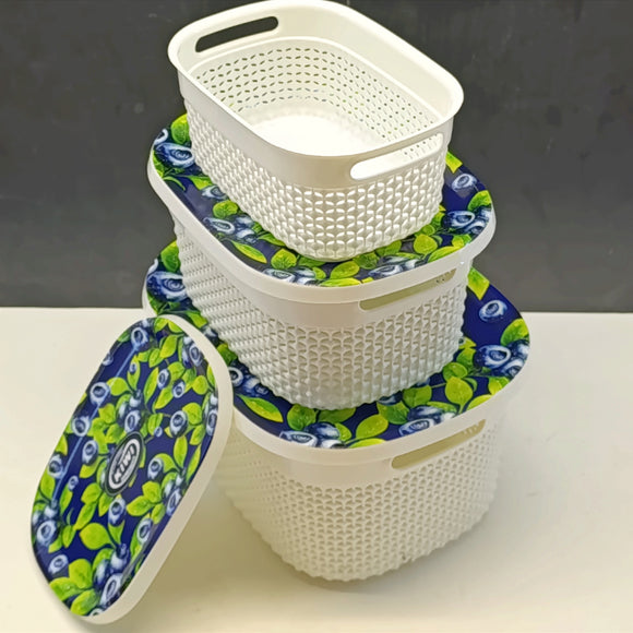 Kiwi Printed Pack Of 3Pcs Rectangle Shape Plastic Basket Set With Top Cover ( Random Prints )