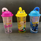 Character 400ml Juice & Drinking Plastic Glass With Cover & Straw ( Random Colors & Design )