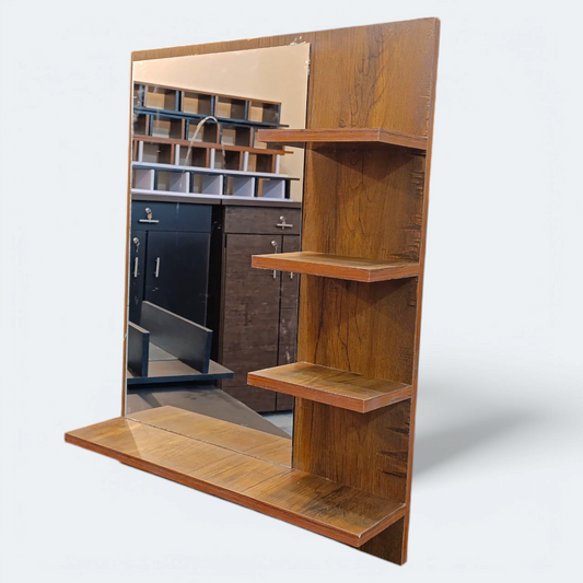 Wall Mount Home Decor Laminated Wooden Mirror With Side Shelves (Brown Color)