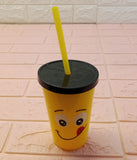 Emoji 400ml Juice & Drinking Plastic Glass With Cover & Straw ( Random Emojis Will Be Sent)