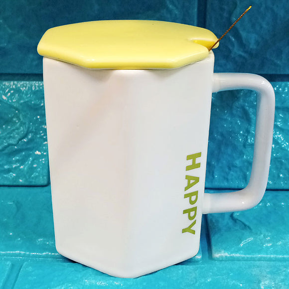 Happy Luck Ceramic Imported Quality 300ml Mug With Ceramic Lid & Steel Spoon