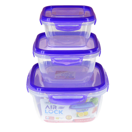 Lavena Square Shape Air Lock 3pcs Food Storage Bowl Set ( Random Colors Will Be Sent)