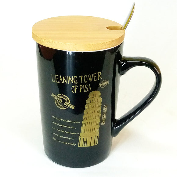 Ceramic Imported Quality Mug With Bamboo Wooden Lid & Steel Spoon