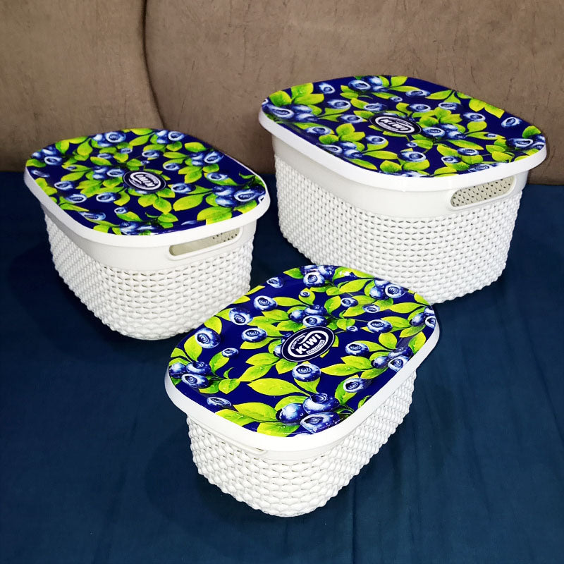 Kiwi Printed Pack Of 3Pcs Rectangle Shape Plastic Basket Set With Top Cover ( Random Prints )