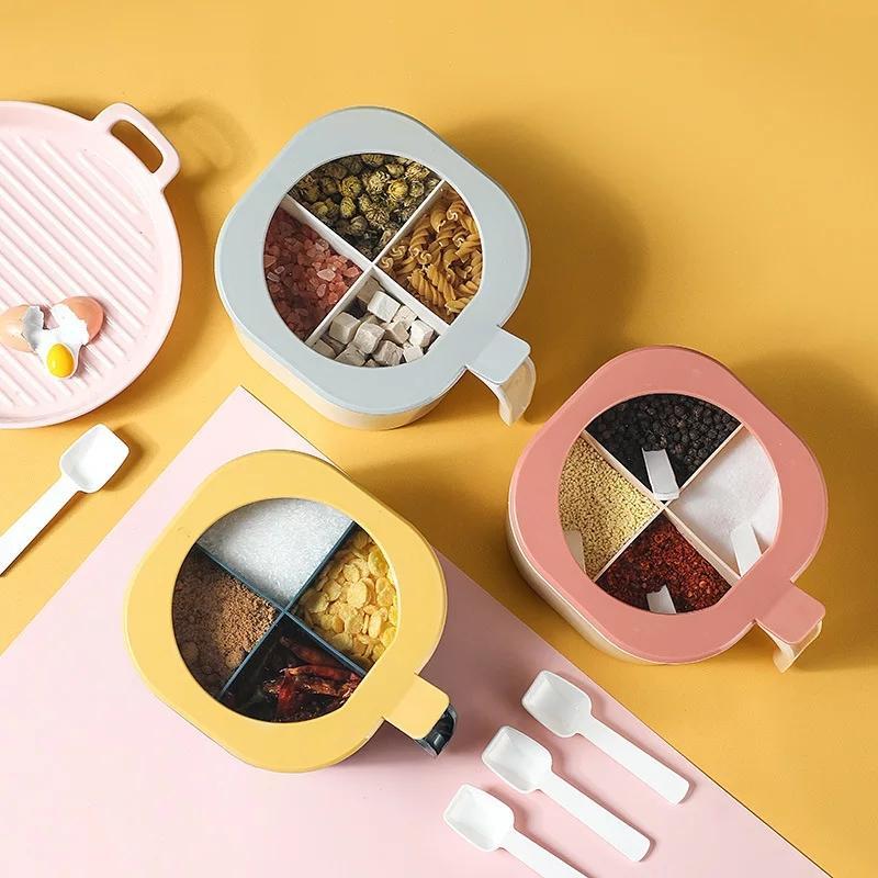 Maxware 4-Section Plastic Spices Organizer Partition Box Mug With Spoon ( Random Colors Will Be Sent )