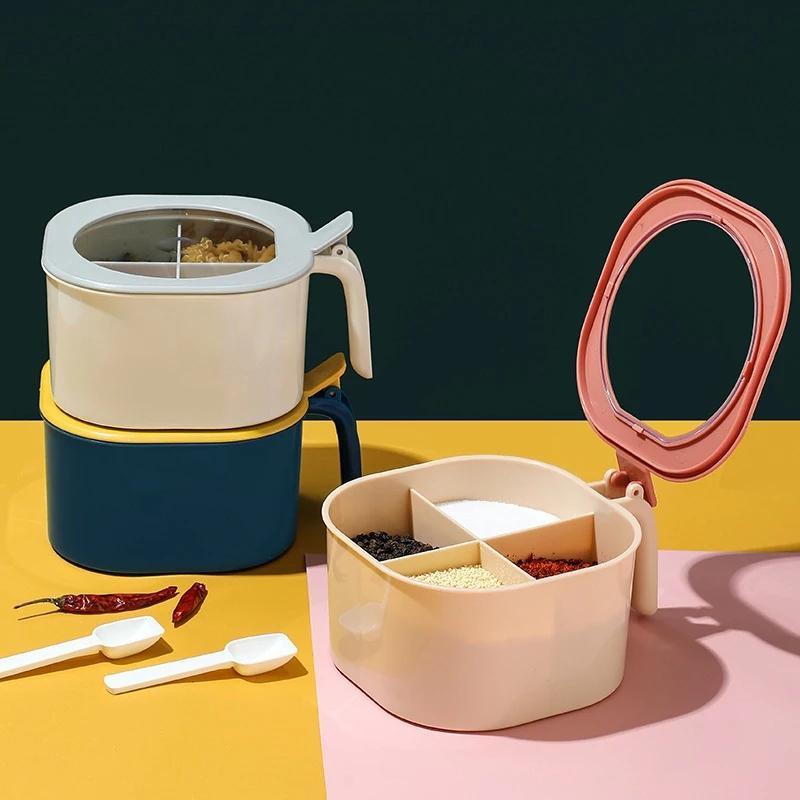 Maxware 4-Section Plastic Spices Organizer Partition Box Mug With Spoon ( Random Colors Will Be Sent )
