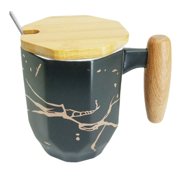 Ceramic Imported Quality Mug With Bamboo Wooden Lid & Spoon
