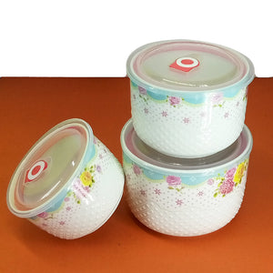 Fresh 3Pcs Ceramic Large-Size Bowl Set With Plastic Airtight Lid ( Random Colors )