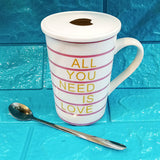 AYNIL Ceramic Imported Quality 300ml Mug With Ceramic Lid & Steel Spoon
