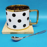 Gold Plated Dots Single Bone-China Ceramic Medium-Size 180ml Cup With Steel Spoon & Wooden Mat