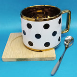 Gold Plated Dots Single Bone-China Ceramic Medium-Size 180ml Cup With Steel Spoon & Wooden Mat