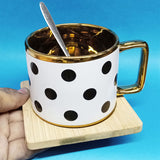 Gold Plated Dots Single Bone-China Ceramic Medium-Size 180ml Cup With Steel Spoon & Wooden Mat