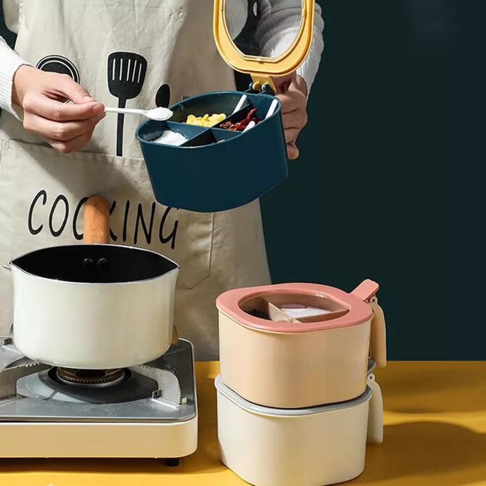 Maxware 4-Section Plastic Spices Organizer Partition Box Mug With Spoon ( Random Colors Will Be Sent )