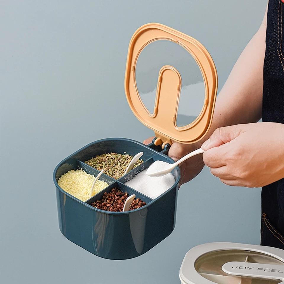 Maxware 4-Section Plastic Spices Organizer Partition Box Mug With Spoon ( Random Colors Will Be Sent )