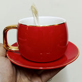 Red-Gold Imported Premium Super Fine Quality 200ml Mug With Saucer & Steel Spoon