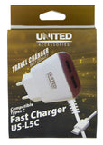United Type C 1.2 Ampere Fast Charging US-L5C Mobile Charger (With 2 Extra USB Ports)