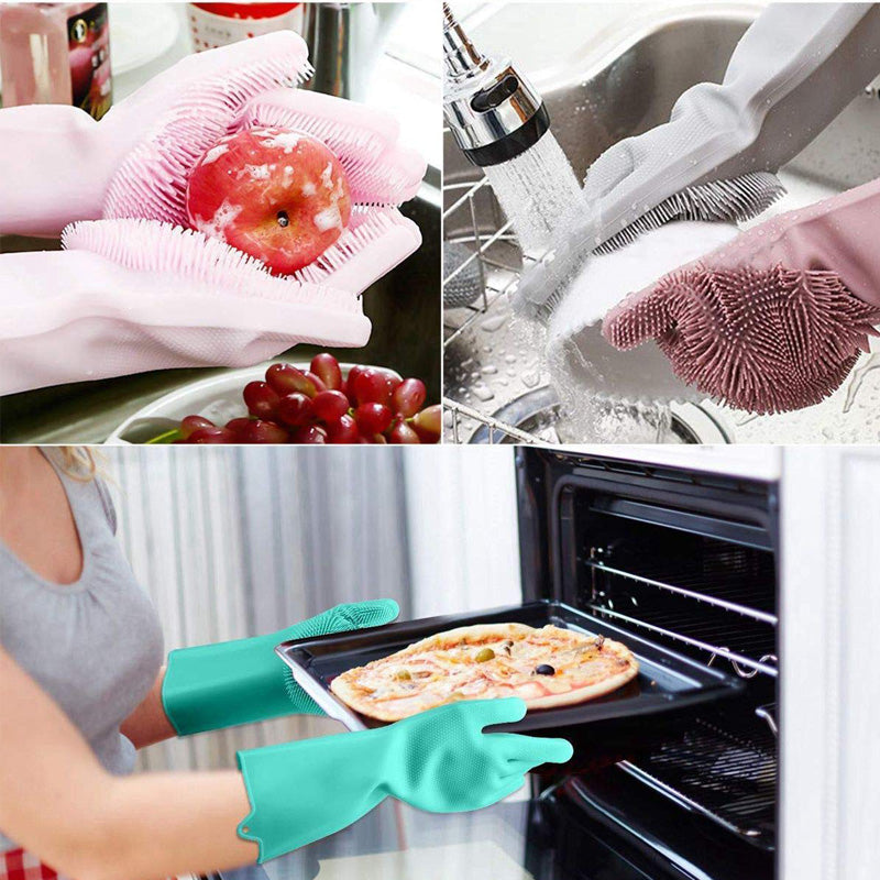 Pack Of 2pcs Silicon Dish Washing Cleaning Kitchen Gloves With Sponge  Random Colors Will Be Sent