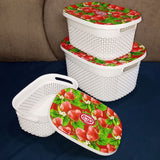 Kiwi Printed Pack Of 3Pcs Rectangle Shape Plastic Basket Set With Top Cover ( Random Prints )
