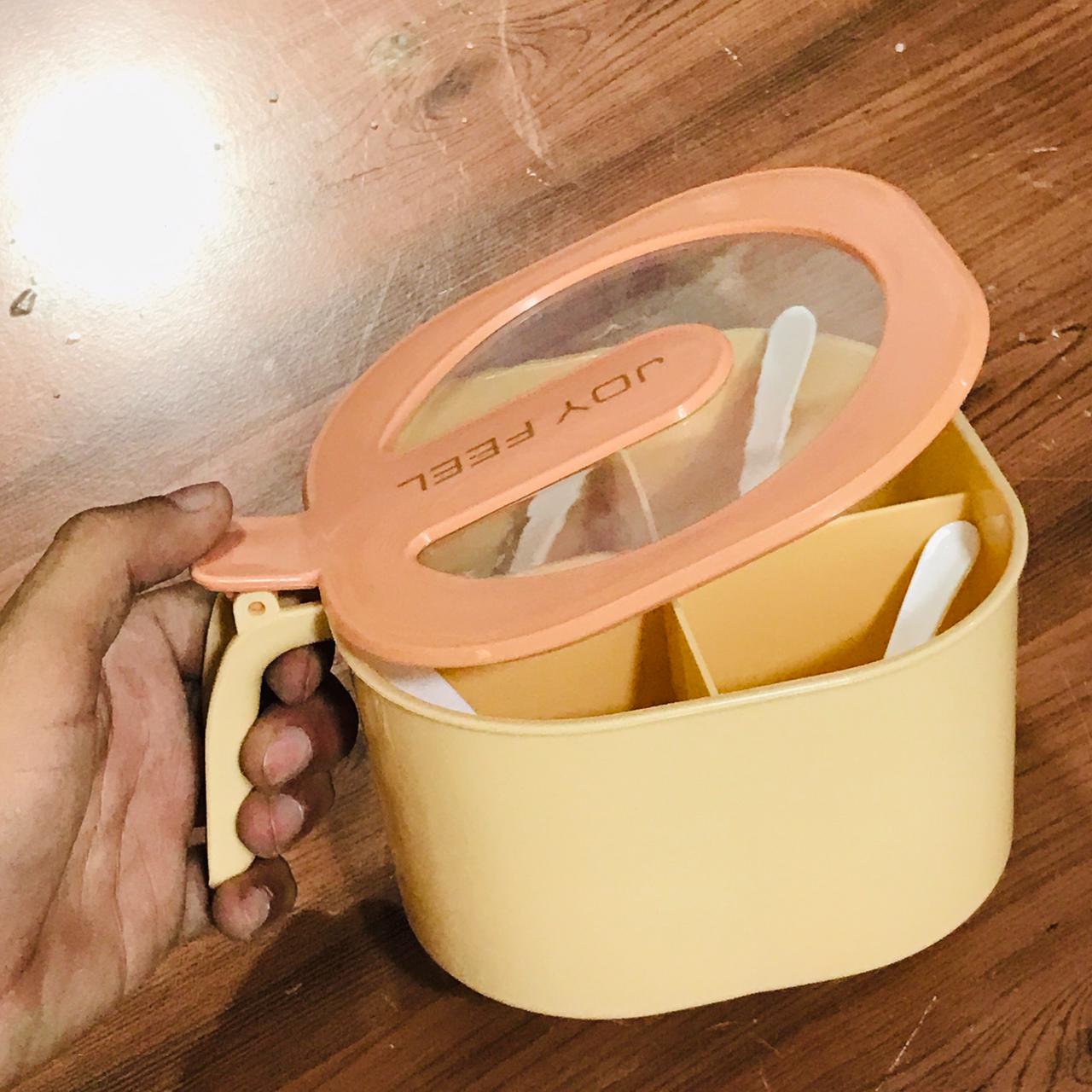 Maxware 4-Section Plastic Spices Organizer Partition Box Mug With Spoon ( Random Colors Will Be Sent )