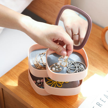 Rotating 360' Jewelry Organizer Box With Mirror ( Random Colors Will Be Sent)