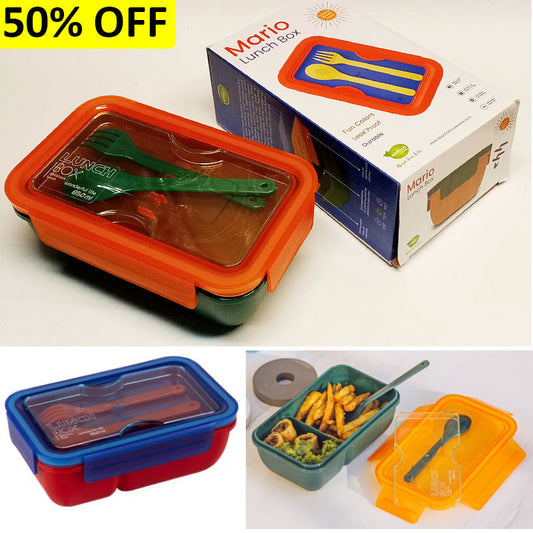 Appollo 2-Portion Mario Plastic Tiffin & Lunch-Box With Spoon Fork ( Random Colors )
